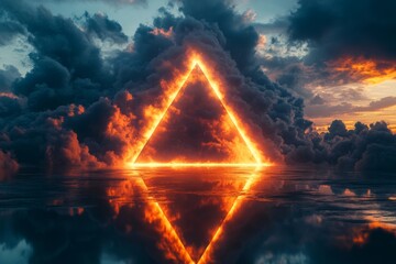 Surreal glowing triangular portal on reflective surface with dramatic sunset clouds