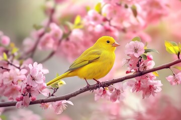 Fototapeta premium Mustard yellow bird perched on branch surrounded by colorful blossoms in a serene spring landscape