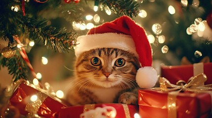 Obraz premium Cute Cat in Santa Hat by Holiday Tree