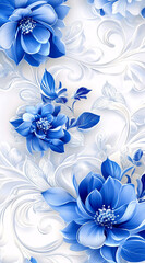Blue flowers bloom on a white background with delicate swirls and leaves