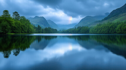 Rainbow after the storm. A serene lake surrounded by lush mountains under a moody sky, reflecting the tranquility of nature.