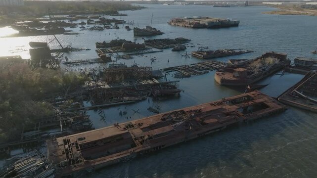 flying counter clockwise view of Staten Island Boat Graveyard
