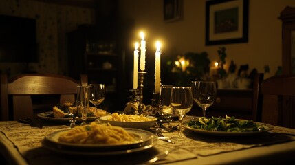 A romantic candlelit dinner table set for two, with a plate of pasta, salad, and wine glasses.