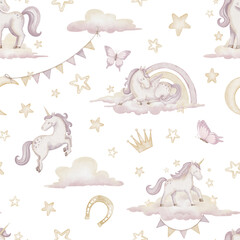 Watercolor seamless Pattern with Unicorns, clouds, stars and garlands in pastel pink colors. Illustration for Baby girl textile design or childish wallpaper. Tile for ornament and princess wall art. © Alisles