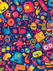 A vibrant collage of playful icons and symbols representing various hobbies and interests.