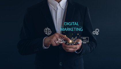 Hand shows the sign and icon of Digital marketing internet advertising and sales increase business...