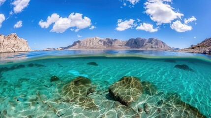 Fototapeta premium Marine Protected Areas are crucial for effective ocean conservation. A panoramic view of a clear, turquoise sea meeting rocky mountains under a bright blue sky with scattered clouds.