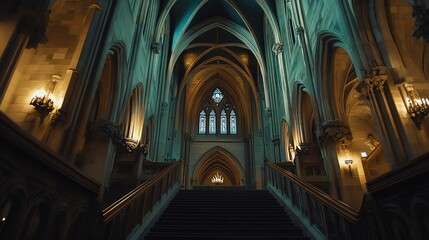 Capture a majestic, Gothic-style Parliament building in a dramatic low-angle view Use deep shadows and warm lighting to enhance the architectural details