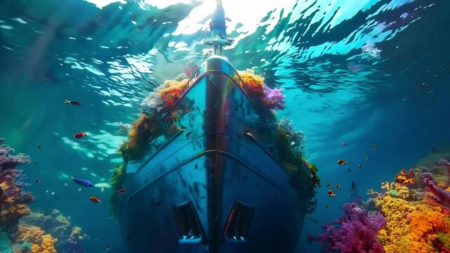 A large blue boat is floating in a vibrant, colorful ocean filled with a variety of fish and plants. The boat is surrounded by a plethora of colorful flora, including seaweed, coral