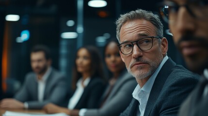 Male mature caucasian ceo businessman leader with diverse coworkers team, executive managers group at meeting. Multicultural professional businesspeople working together on research plan in boardroom.