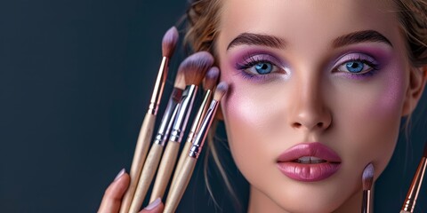 An elegant woman is applying glamorous makeup using makeup brushes in a portrait. The scene reflects beauty, cosmetics, chic fashion, and a professional makeup artists delicate work