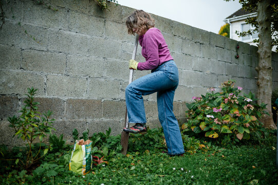 Woman Planting Bulbs in her Dublin City Garden Using a Spade