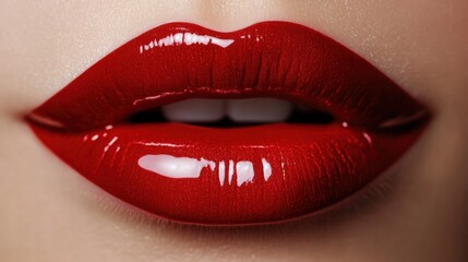 Fototapeta premium Captivating close-up of bold red lips showcasing a glossy finish, embodying elegance and allure in a creative display