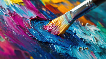 Fototapeta premium vibrant brush mixing colorful paint on textured palette, showcasing artistic creativity and expression. rich hues blend beautifully, creating mesmerizing visual experience