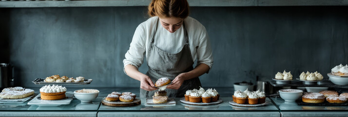 A baker carefully decorates delicious cake in modern bakery filled with various pastries and desserts. atmosphere is warm and inviting, showcasing art of baking