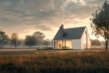 Fototapeta premium A modern minimalist house set in a tranquil countryside landscape at sunset, featuring dramatic skies and lush greenery.