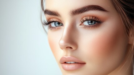 Fototapeta premium Stunning close-up of a young woman showcasing flawless skin and captivating blue eyes in soft, natural light indoors