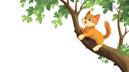 a 2D cartoon illustration of a cat climbing a tree, agile and curious, white background--ar 16:9