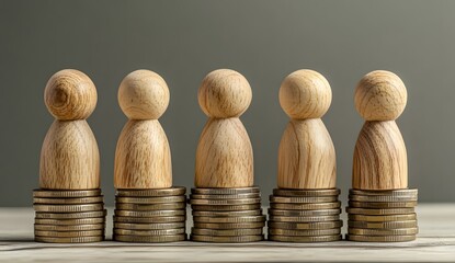 Wooden figures of people standing on stacks of coins, representing business, financial development, and human resources concepts. 