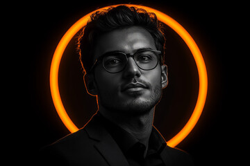Dramatic black and white portrait of a confident handsome man wearing glasses, highlighted by an orange neon halo effect. Ideal for themes of leadership, charisma, and modern style.
