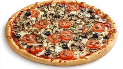 Freshly Baked Vegetable Pizza with Tomatoes, Mushrooms, and Olives on a Golden Crust Served on a White Background Ready for Delicious Enjoyment and Sharing