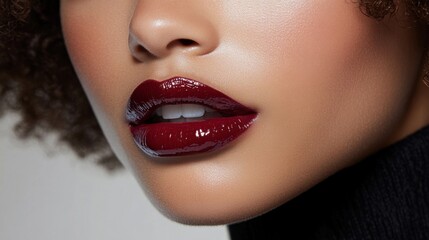 Elegant close-up of a woman\'s lips adorned with deep red gloss highlighting her flawless complexion in soft light