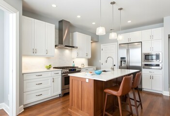 A beautiful, modern kitchen with white cabinets, wood island, and white granite counter tops. High end, stainless steel Wolf and Subzero appliances finish the space.
