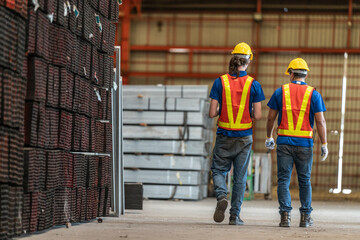 Two construction workers in reflective safety vests and helmets engage in conversation at industrial site. Both wear ear protection, emphasizing a noisy environment, with metal beams in the background