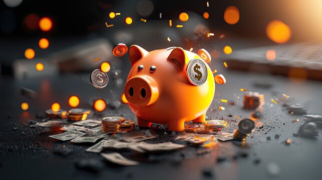 A vibrant piggy bank surrounded by coins, symbolizing savings and financial growth, with a backdrop of glowing lights and scattered coins.