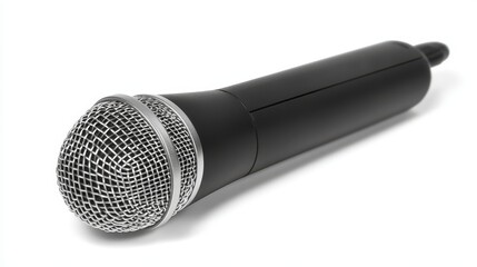 Detailed Close-Up of a Professional Black Microphone on a White Background, Ideal for Music, Performance, and Audio Production Contexts with a Shiny Grill and Smooth Handle