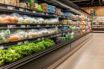 A well-stocked grocery aisle featuring fresh produce and packaged goods.