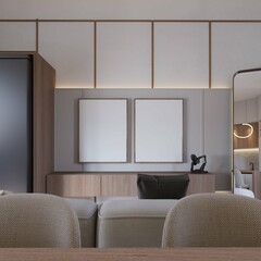 closeup of poster frame mockup in small living room interior with modern contemporary style. 3d illustration