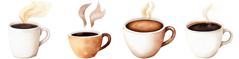 Coffee lover and beans addict, A series of coffee cups showcasing different coffee styles with steam rising, highlighting the rich textures and variations of brewed coffee.