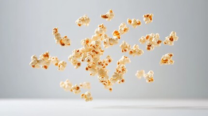 Floating Popcorn Kernels in Mid-Air, Capturing the Lightness and Fun of a Movie Snack Experience with a Soft Background and Textural Details