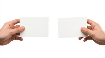 Fototapeta premium Hands Holding Empty Cards for Promotional Use, Business Concept for Invitation, Advertisement, or Personal Notes, Isolated on White Background