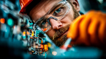 Focused technician working on machinery, wearing safety gear and glasses, showcasing precision and expertise in technical environment