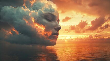 A woman's face is formed by a cloud against a sunset over the ocean.