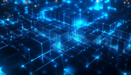 Fototapeta premium Blue Glowing Network of Cubes in a Futuristic Digital Space