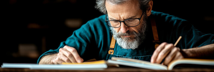 Focused on his craft, skilled artisan meticulously examines book, showcasing dedication and attention to detail. His thoughtful expression reflects deep passion for his work