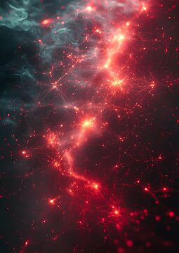 A red and blue galaxy with a lot of red stars. The red stars are scattered throughout the galaxy and are very bright. The galaxy is very colorful and has a lot of energy