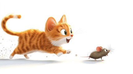 a 2D cartoon illustration of a cat chasing a mouse, playful and active, white background--ar 16:9