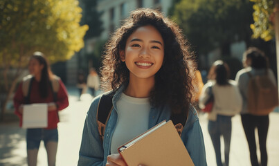Fototapeta premium Smiling college student with backpack enjoying sunny day outside modern university building. Confident young woman in casual attire standing in campus courtyard with joyful expression