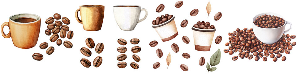 Fototapeta premium Coffee lover and beans addict, A collection of coffee cups displayed alongside scattered coffee beans, showcasing different styles and types of coffee.