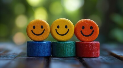 Three smiling wooden figurines on colorful bases.