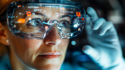 Innovative scientist wearing smart glasses, focused on digital data analysis in high tech lab environment. expression reflects determination and curiosity