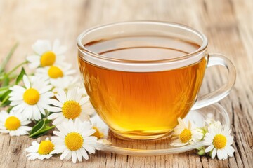 Glass Cup of Chamomile Tea with Fresh Daisies on Rustic Wooden Background