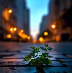 A mint plant growing between the pavers of an urban street, with a blurred background, at sunset, with city lights in the distance.