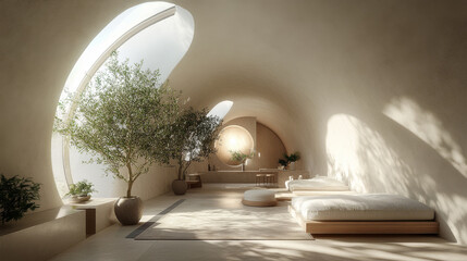 A serene and modern interior design featuring spacious room with organic shapes, large windows, and natural light. space includes minimalist furniture, plants, and calming atmosphere
