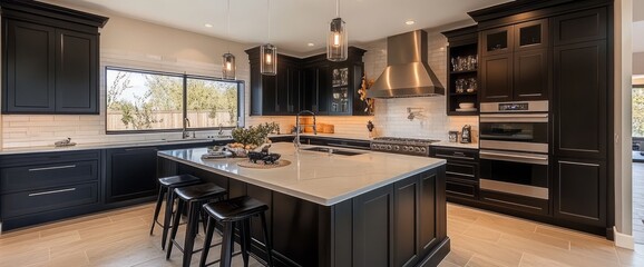 Modern Kitchen with Black Cabinetry, White Quartz Countertop, and Stainless Steel Appliances