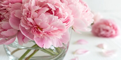 Fototapeta premium Close-up of pink peony petals in a transparent glass vase, glass vase, garden freshness